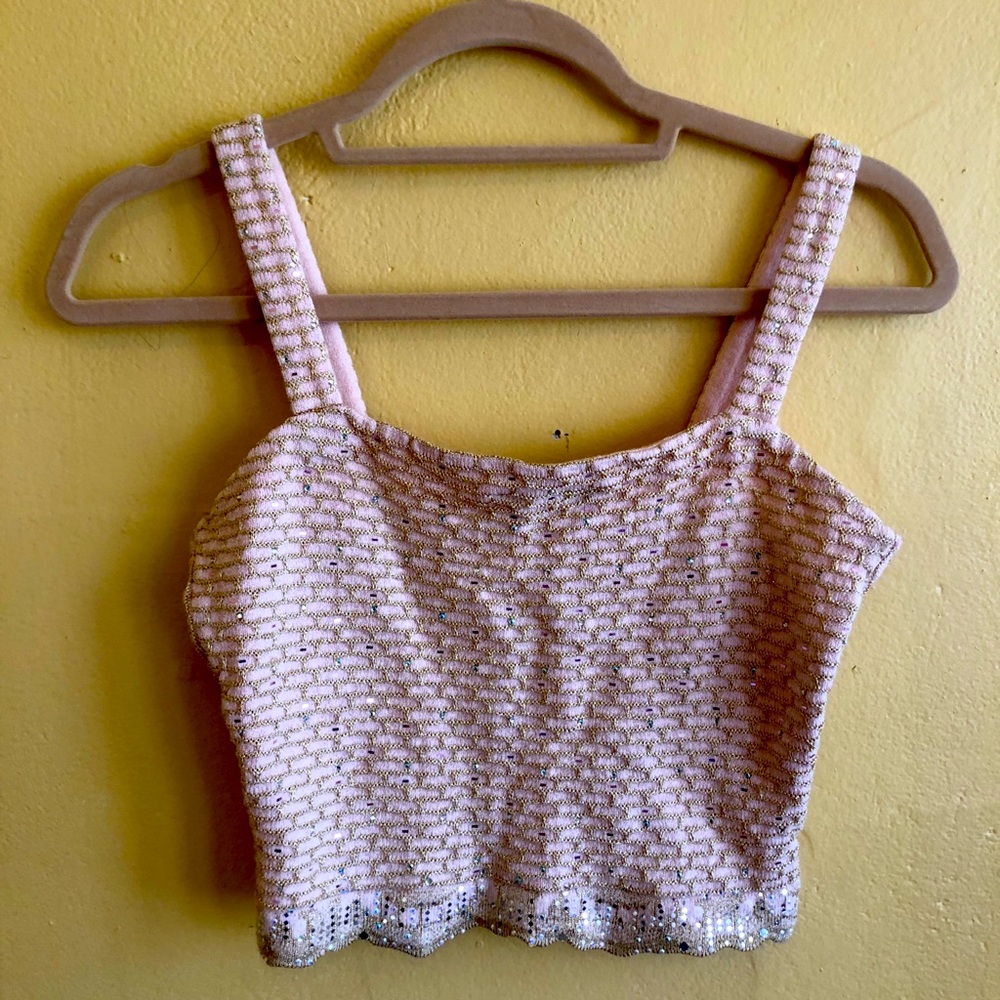St John by Marie Gray Baby Pink Sequined Crop Top